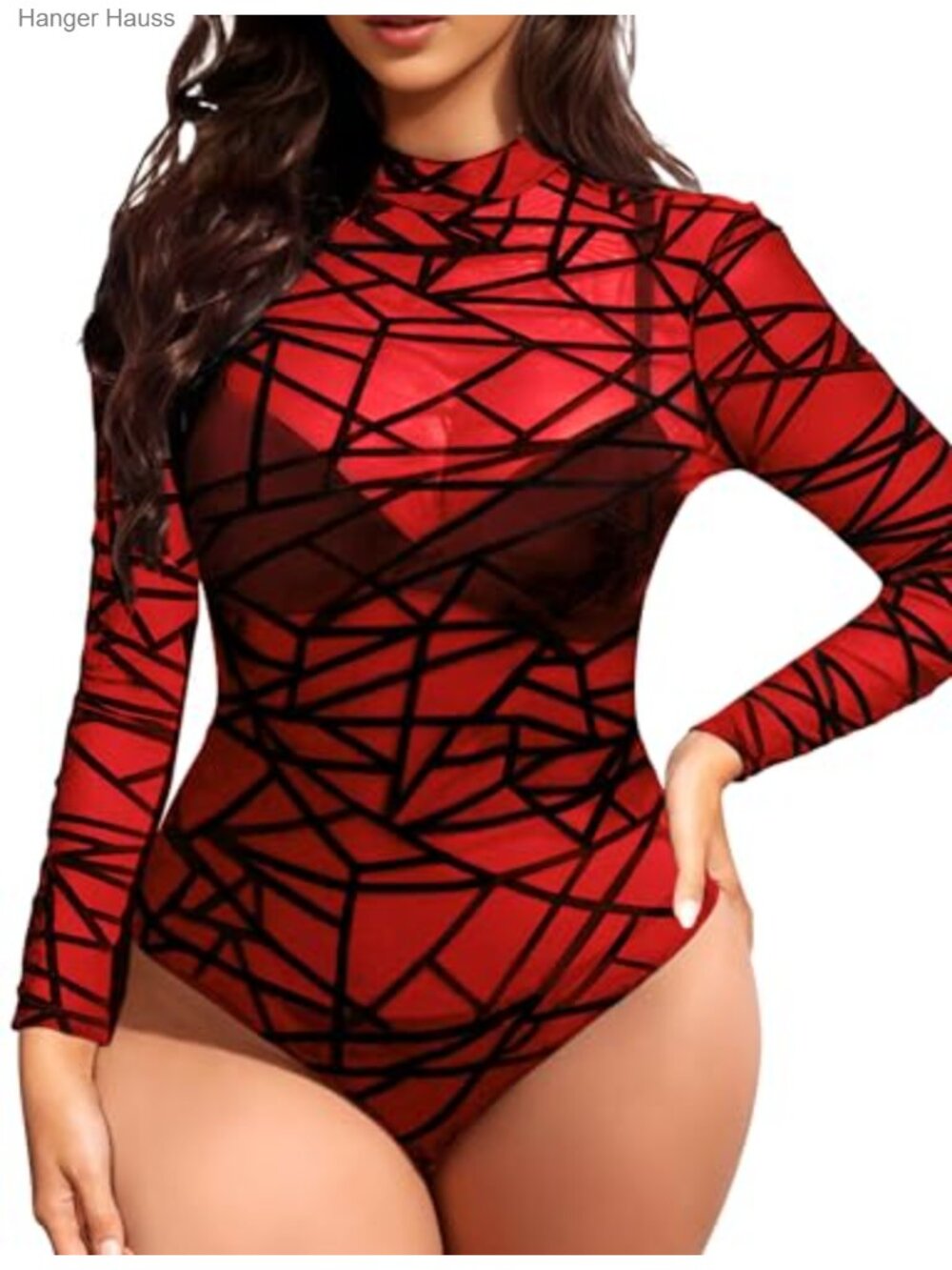 Long Sleeve Sheer Mesh Bodysuit Snap Crotch Clubwear